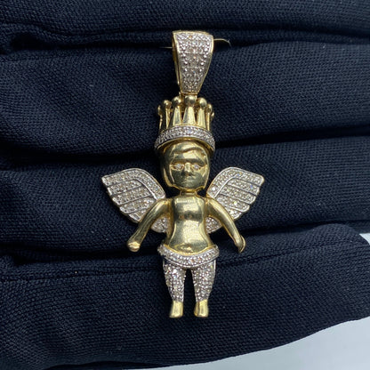 10K Baby Angel With Crown Diamond Pendant