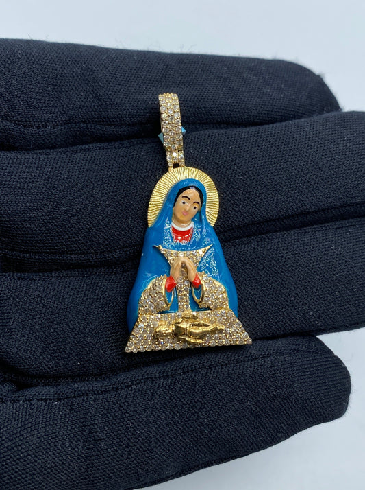 14K Virgin Mary Enamel Diamond Pendant