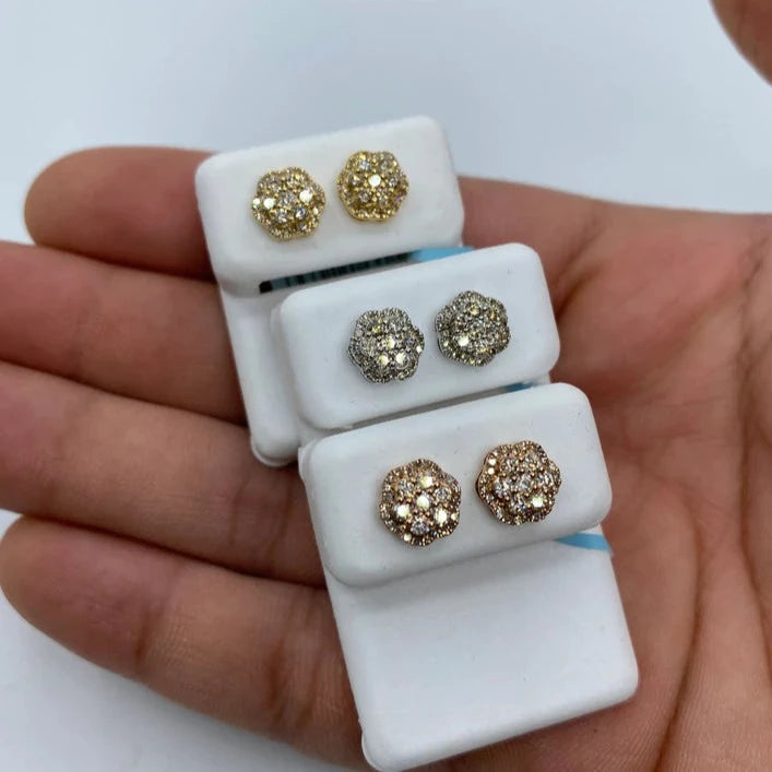 14K Small 3D Flower Diamond Earrings