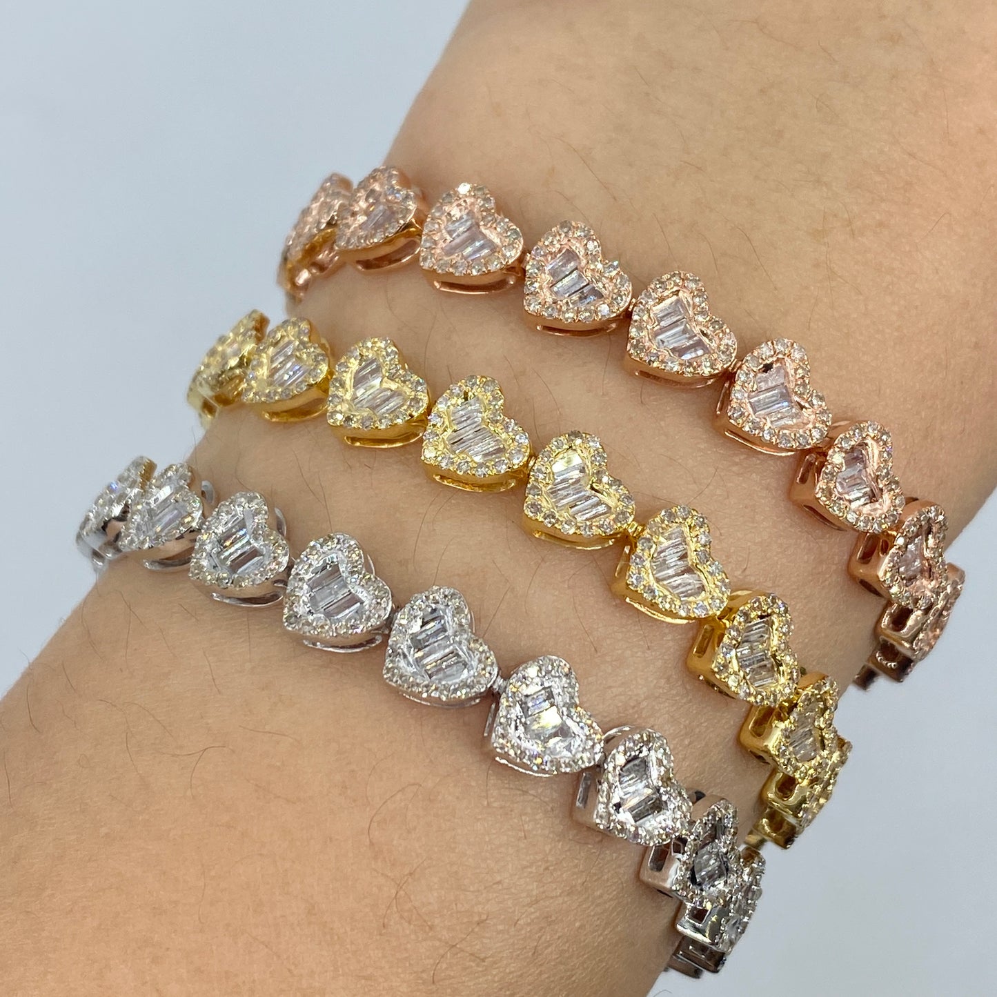 14K 6.5MM Adore Heart Link Diamond Baguette Bracelet 7"