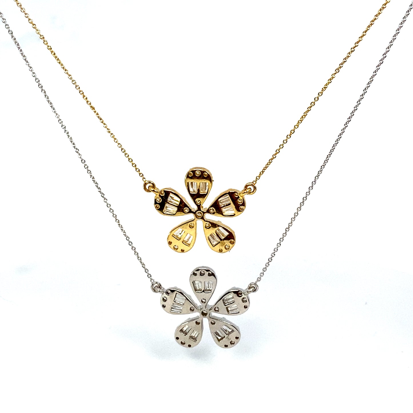 14K Large Daisy Flower Diamond Baguette Necklace
