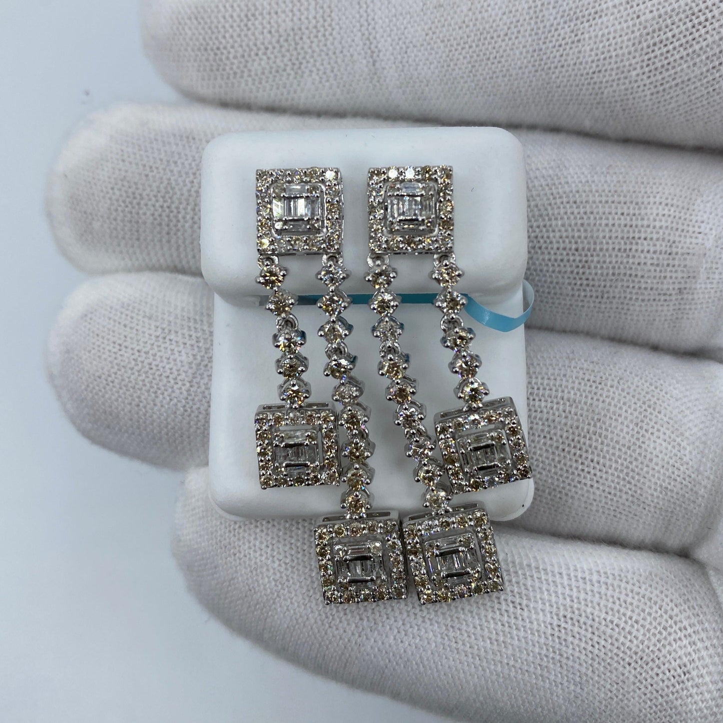 14K Drop Dangle Square Diamond Baguette Earrings