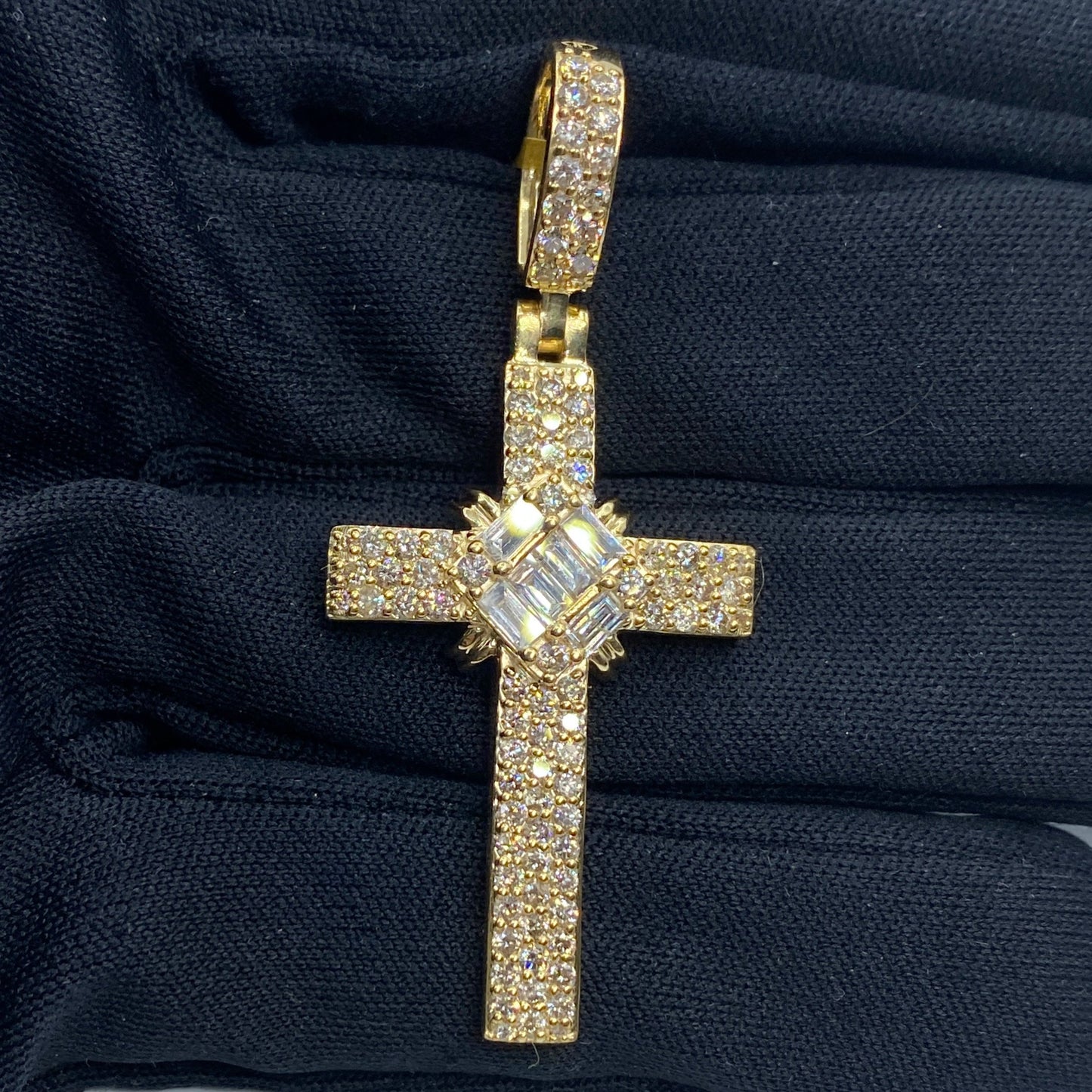 10K Cross Diamond Baguette Pendant