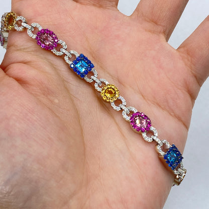 14K Rainbow Stone Chain Link Diamond Bracelet