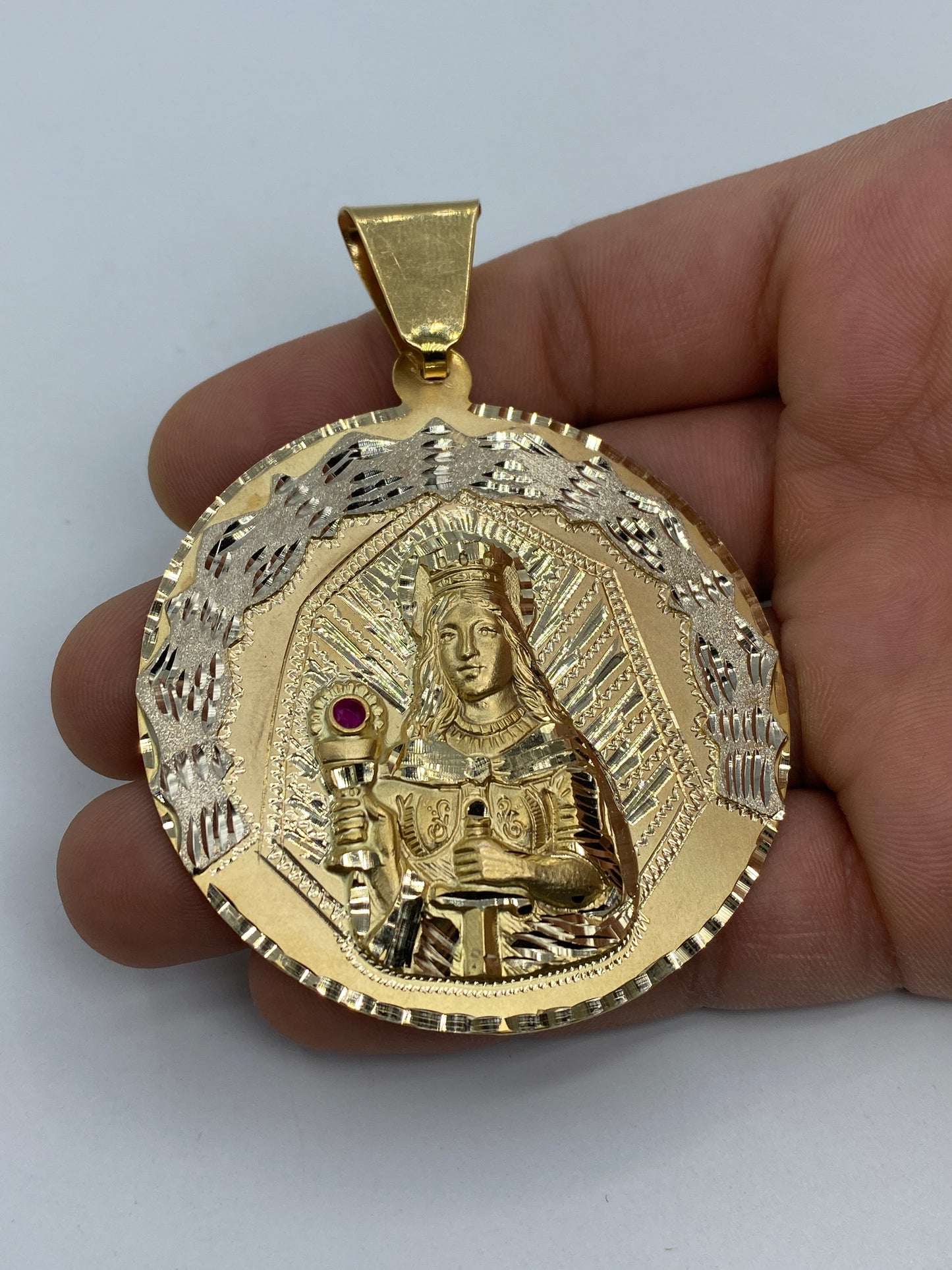 14K Saint Barbara Round Medallion Pendant 3.25"