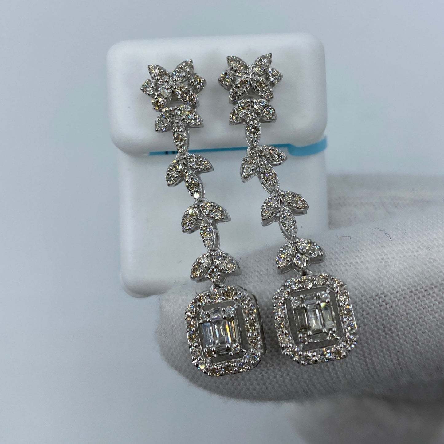 14k Drop Dangle Flower Diamond Baguette Earrings