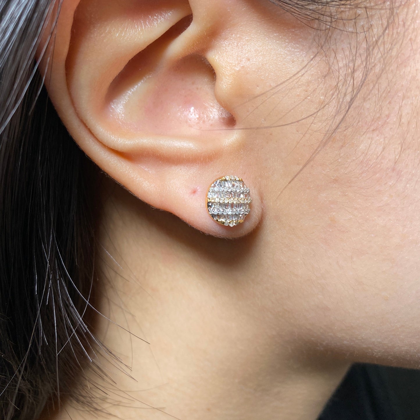14K Circle Stacked Diamond Baguette Earrings