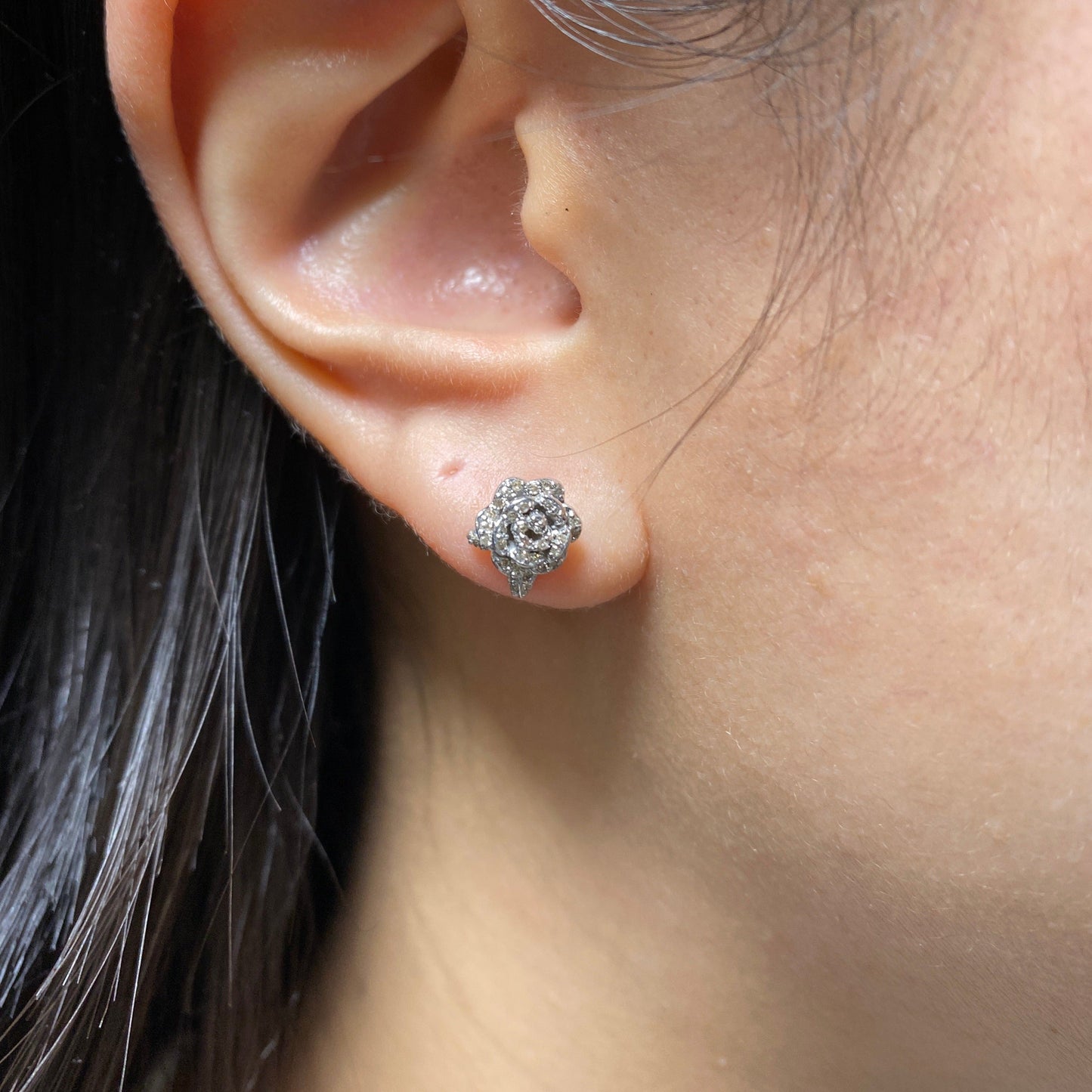14K Rose Flower Diamond Earrings