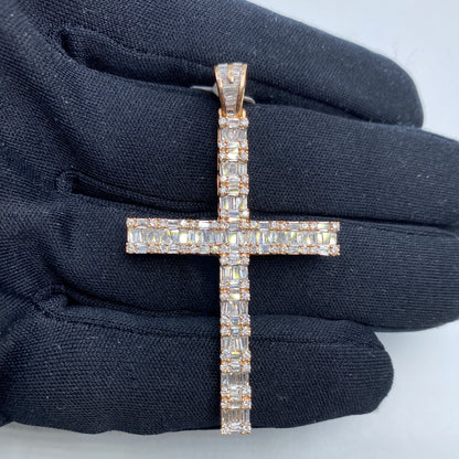 14K Rose Cross Diamond Baguette Pendant