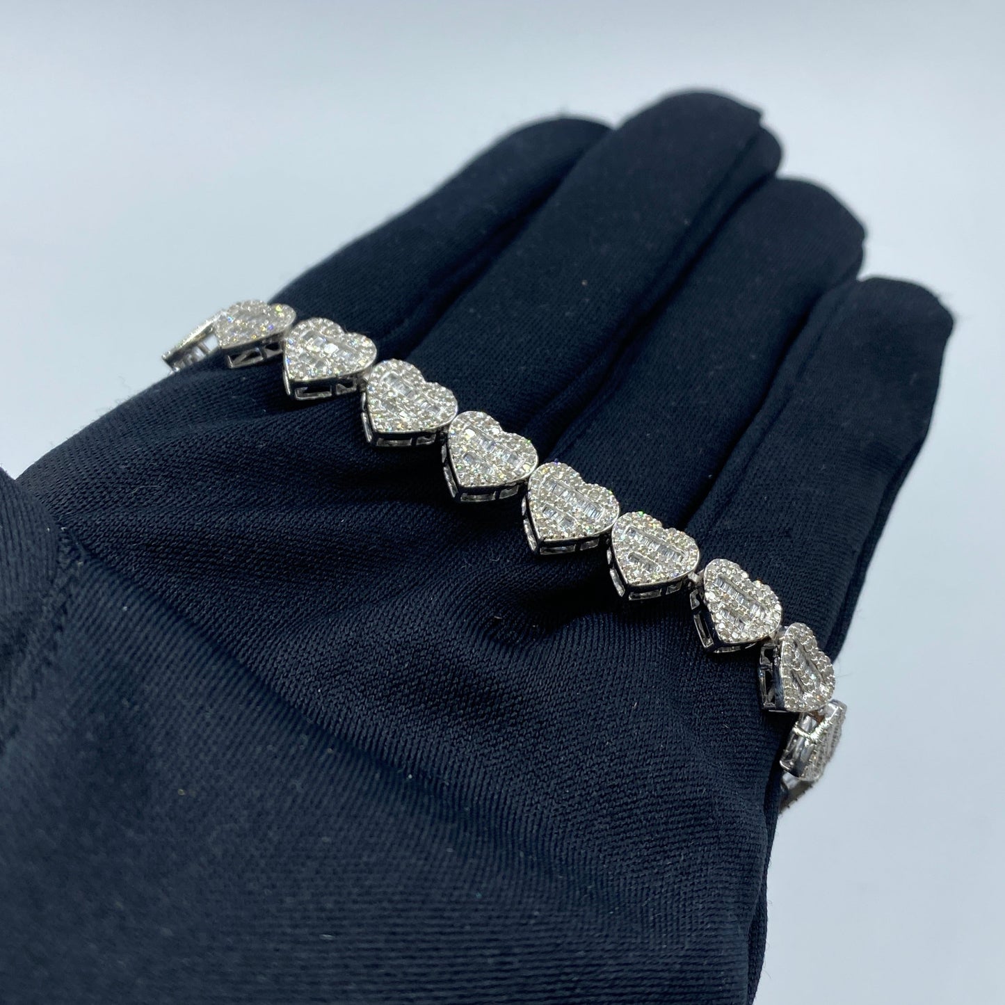 10K 9MM Heart Diamond Baguette Bracelet 7.5"