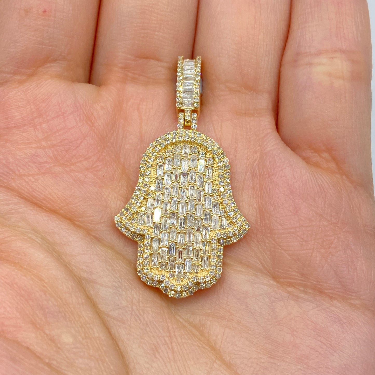 14K Hamsa Emerald Cut Diamond Pendant
