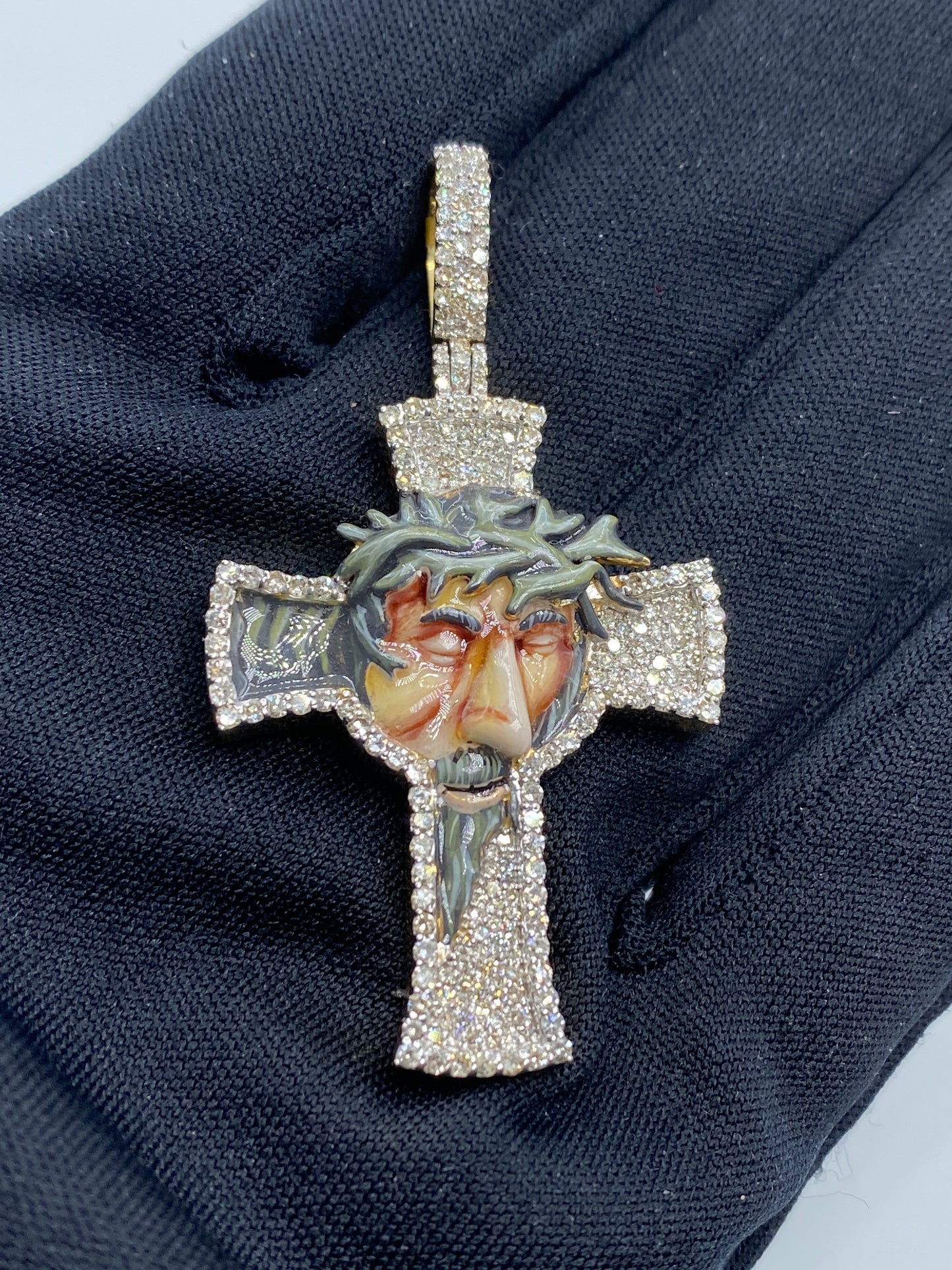 10K Jesus Cross Enamel Diamond Pendant 2.1ct