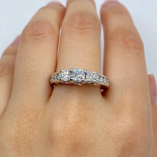 14K Three Stone Pave Diamond Engagement Ring