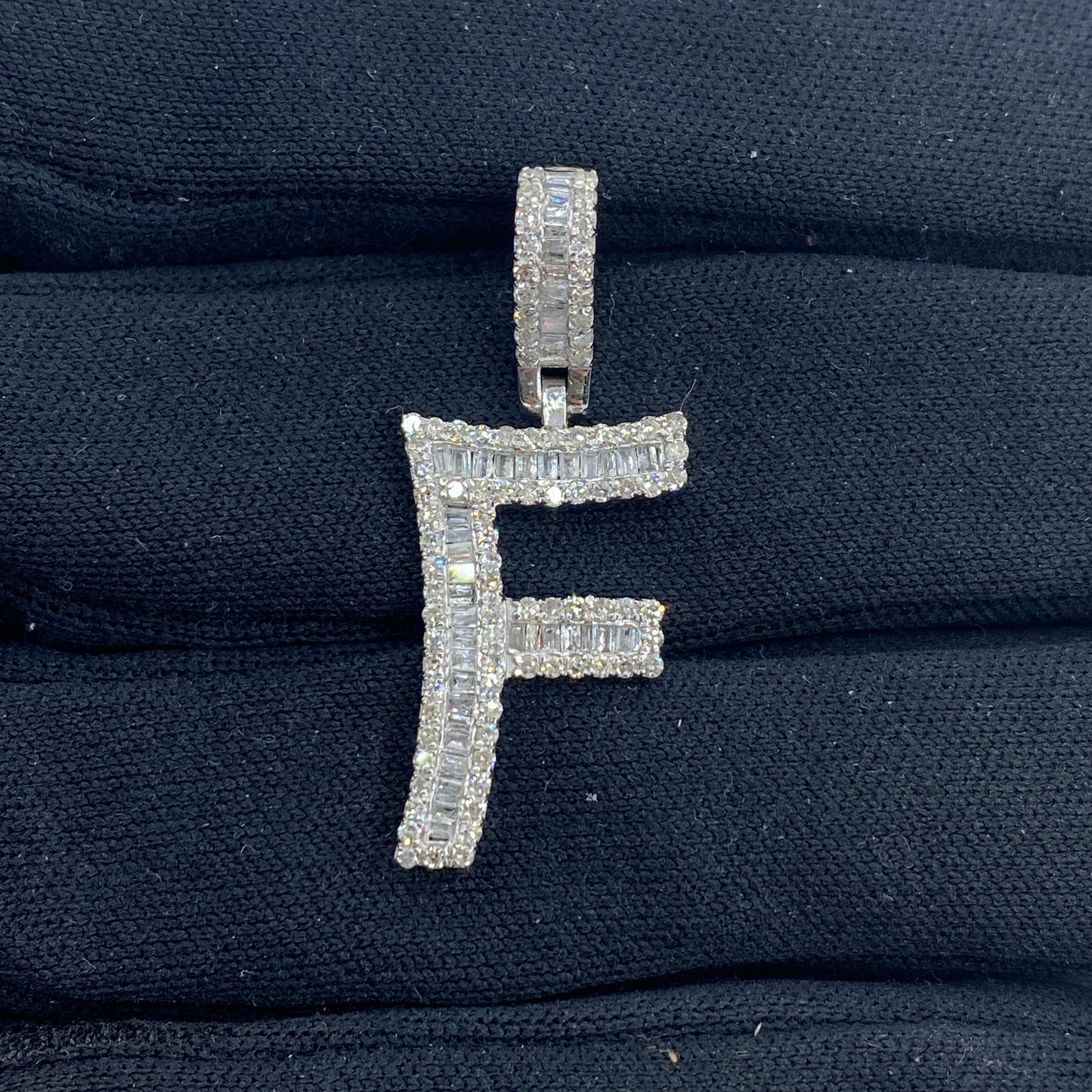 14K Initial F Diamond Baguette Pendant