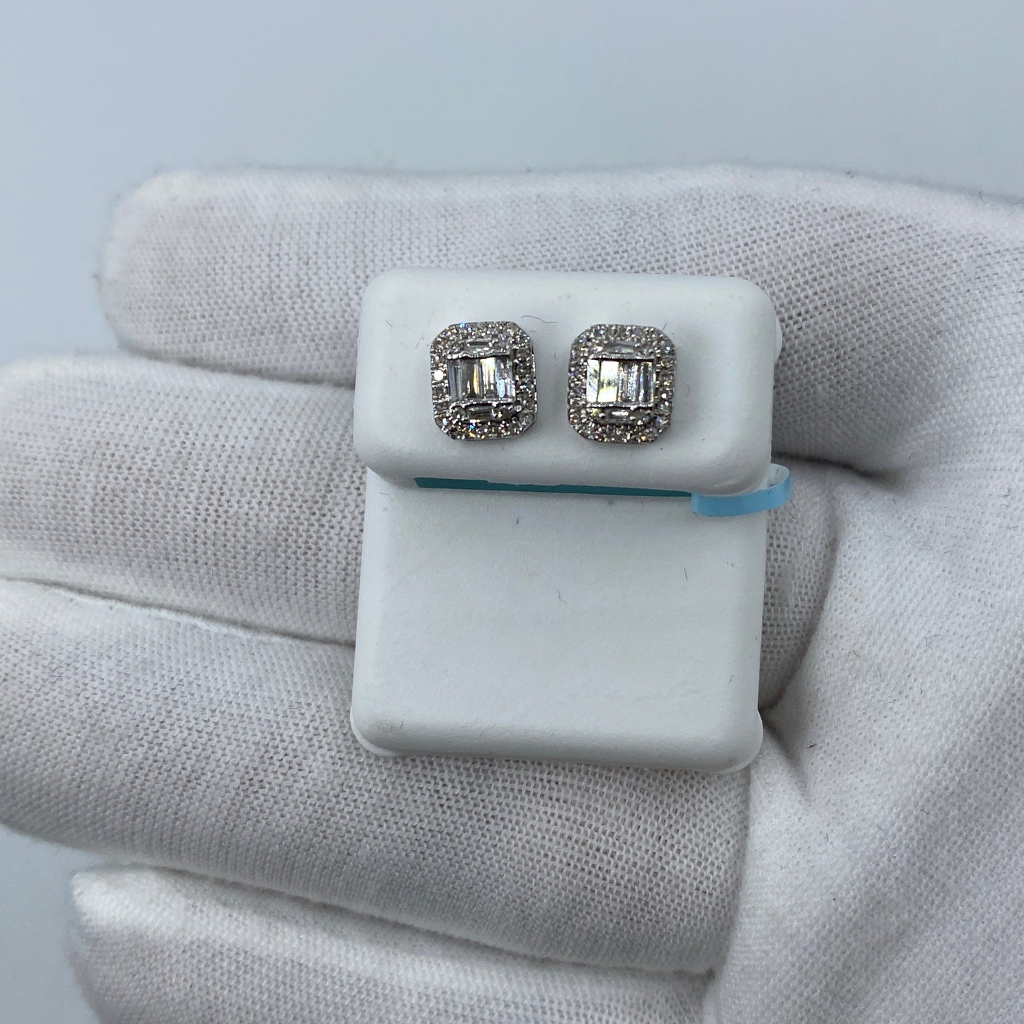 14K Large Rectangle Halo Diamond Baguette Earrings