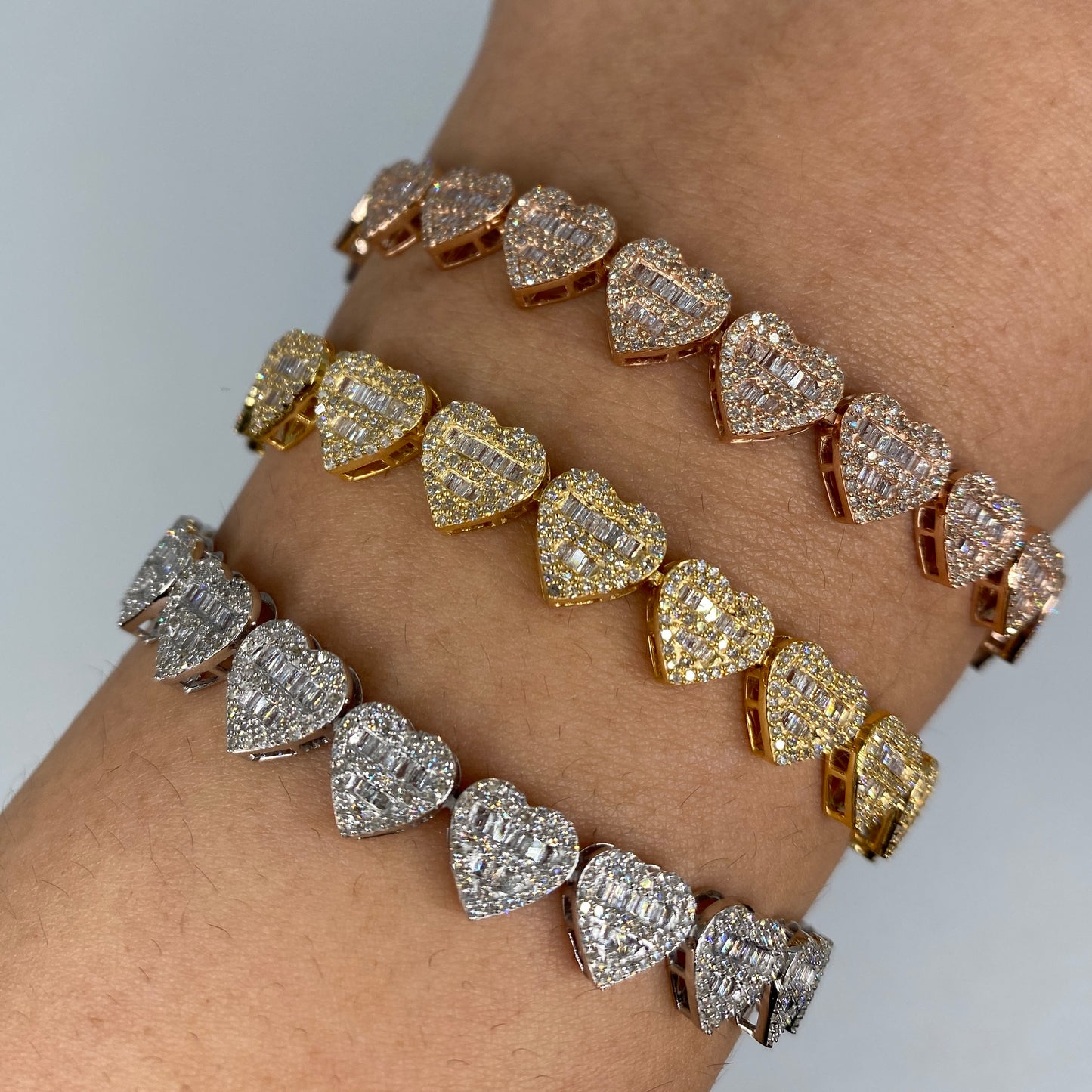 14K 9MM Hearts Link Diamond Baguette Bracelet 6.5-7.5"