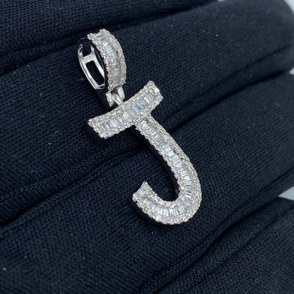 14K Initial J Diamond Baguette Pendant