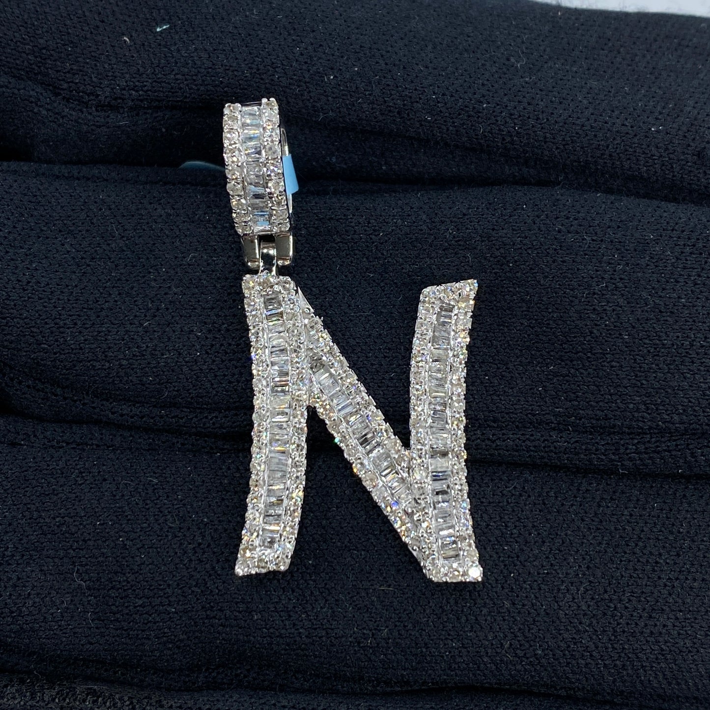 14K Initial N Diamond Baguette Pendant