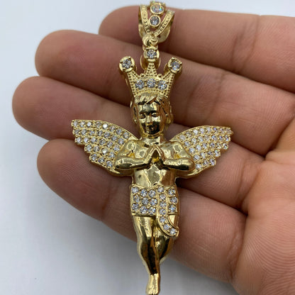 14K Baby Angel With Crown Pendant 3.0"