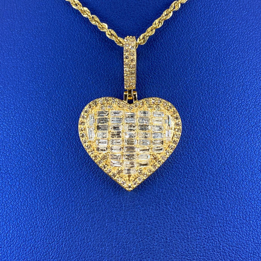 14K Jumbo Heart Halo Diamond Baguette Pendant