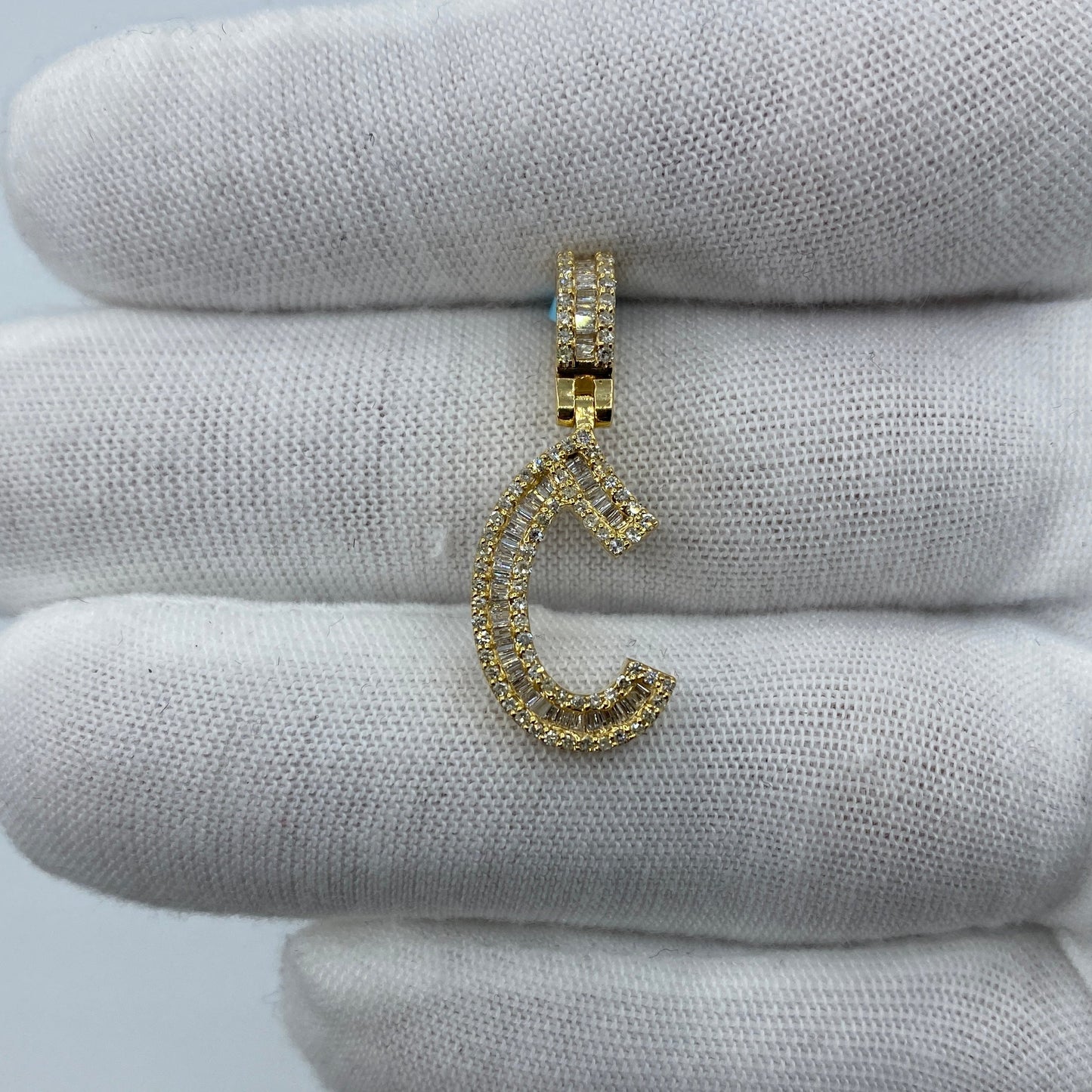 14K Initial C Diamond Baguette Pendant