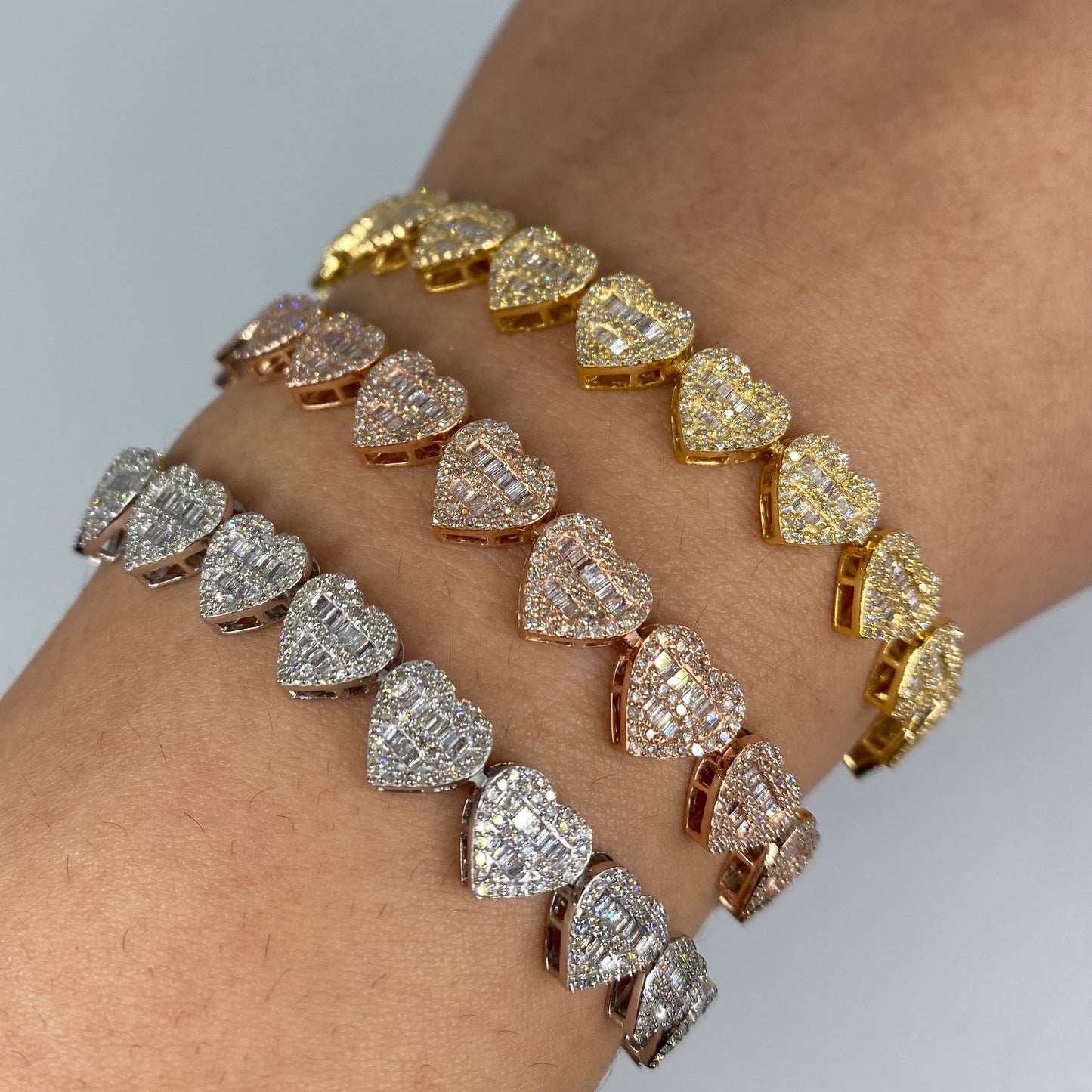 14K 9MM Hearts Link Diamond Baguette Bracelet 6.5-7.5"