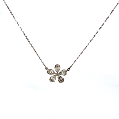 14K Daisy Flower Diamond Baguette Necklace