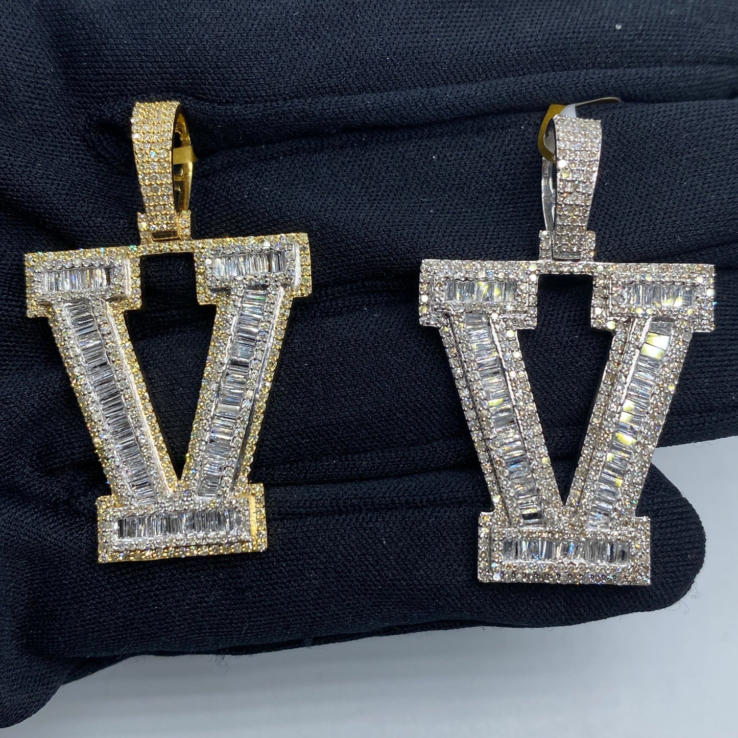 10K Varsity Initial Letter Diamond Baguette Pendants Full Collection