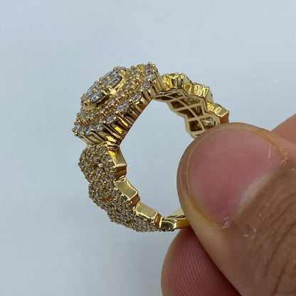 14K Cuban Link Circle Flower Diamond Ring