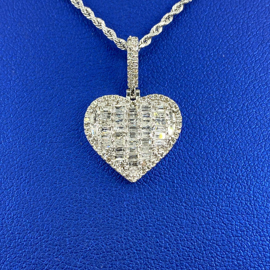 14K Heart Halo Diamond Baguette Pendant