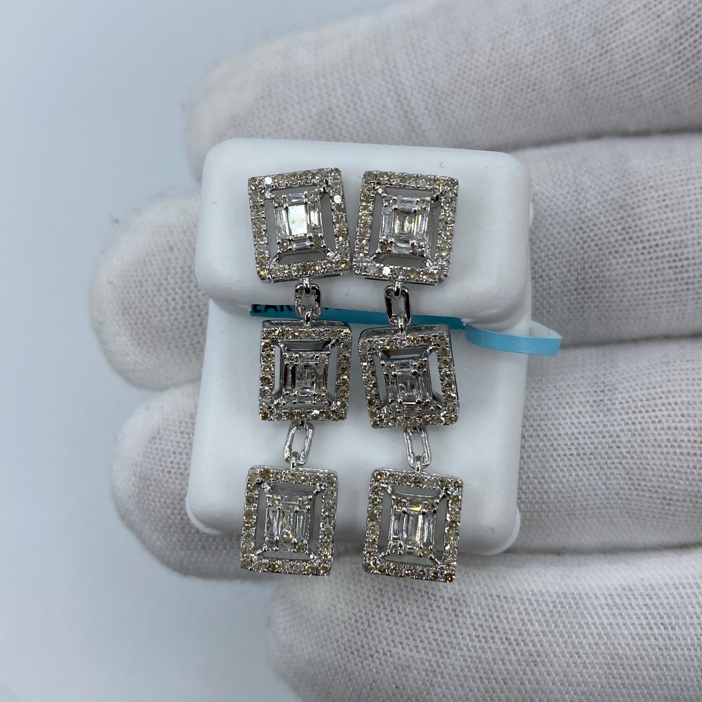 14k Drop Dangle Gap Square Diamond Baguette Earrings