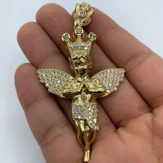 14K Baby Angel With Crown Pendant 3.0"