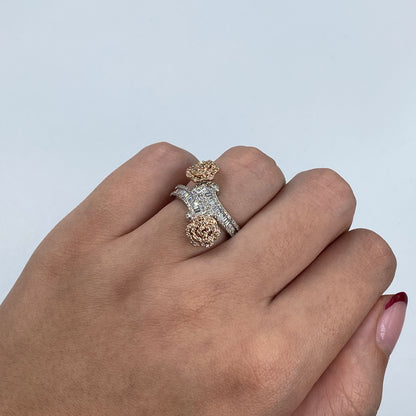 14K Two-Tone Flower Diamond Baguette Bangle Ring