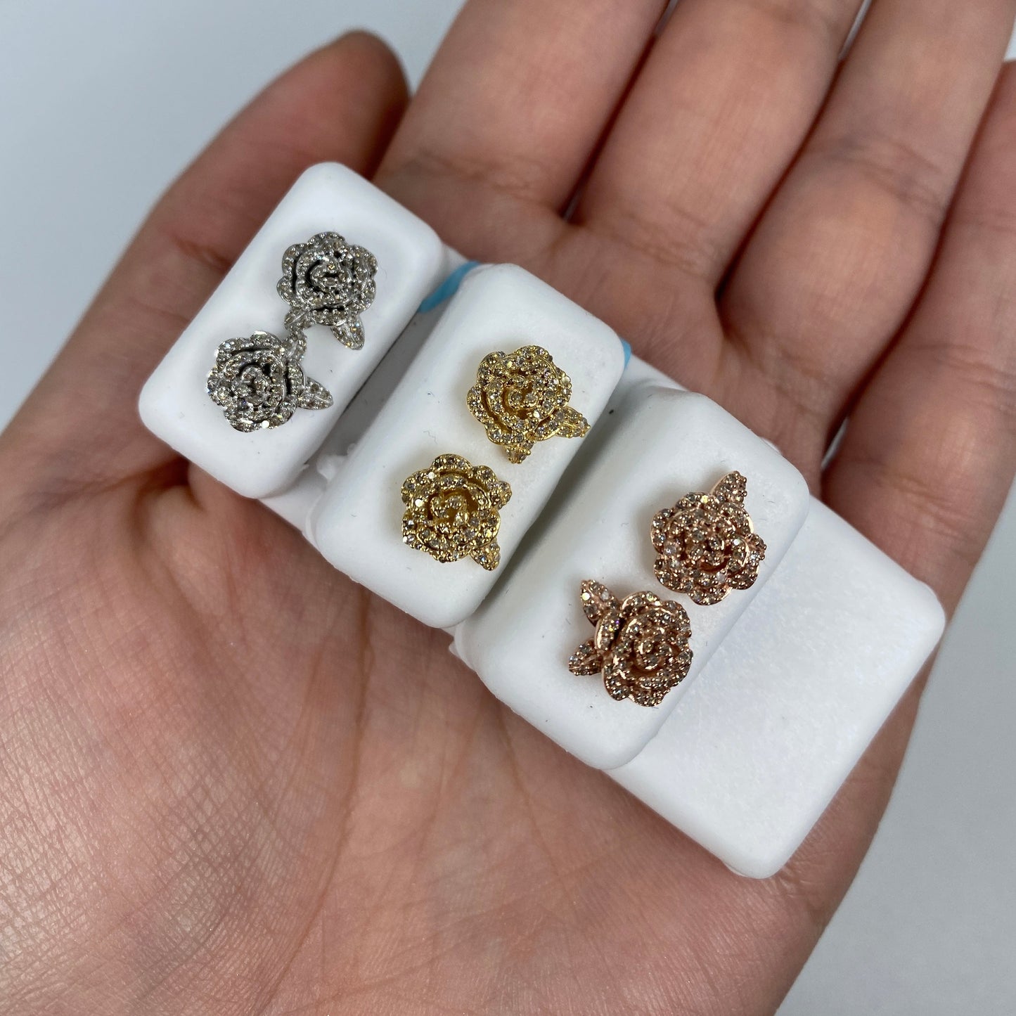 14K Large Rose Flower Diamond Earrings