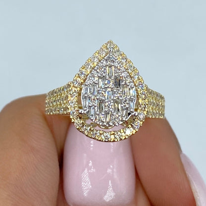 14K Pear Halo Diamond Baguette Ring