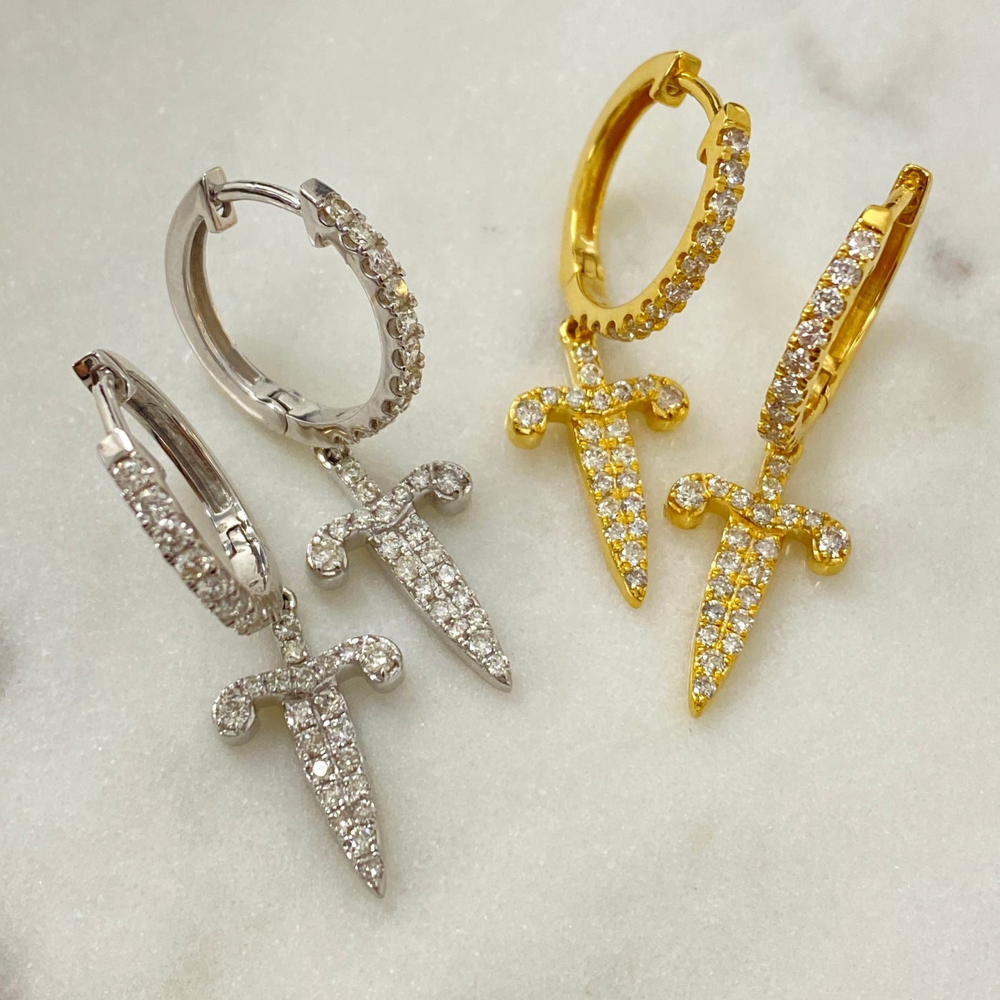 14K Pave Dagger Diamond Hoop Earrings