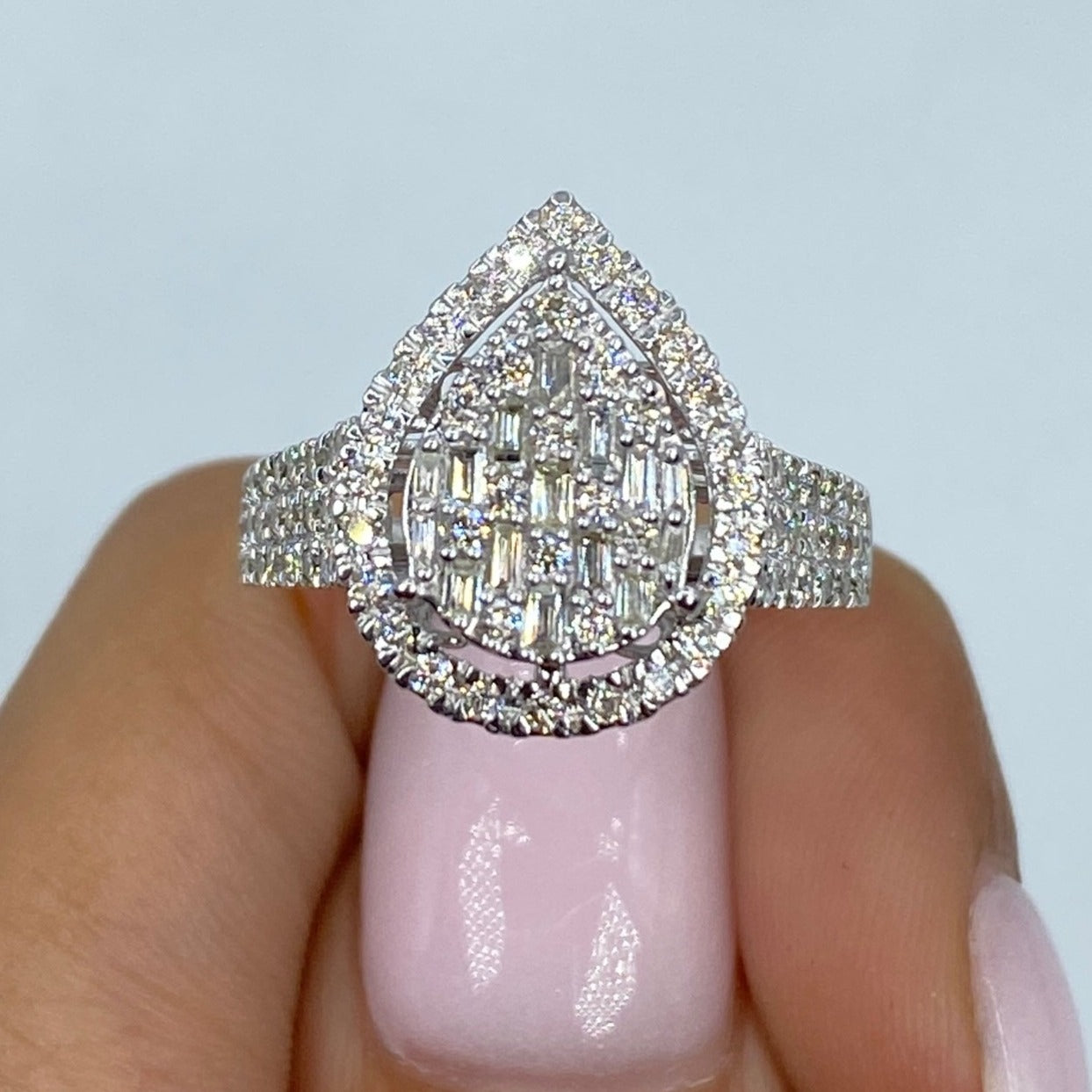14K Pear Halo Diamond Baguette Ring