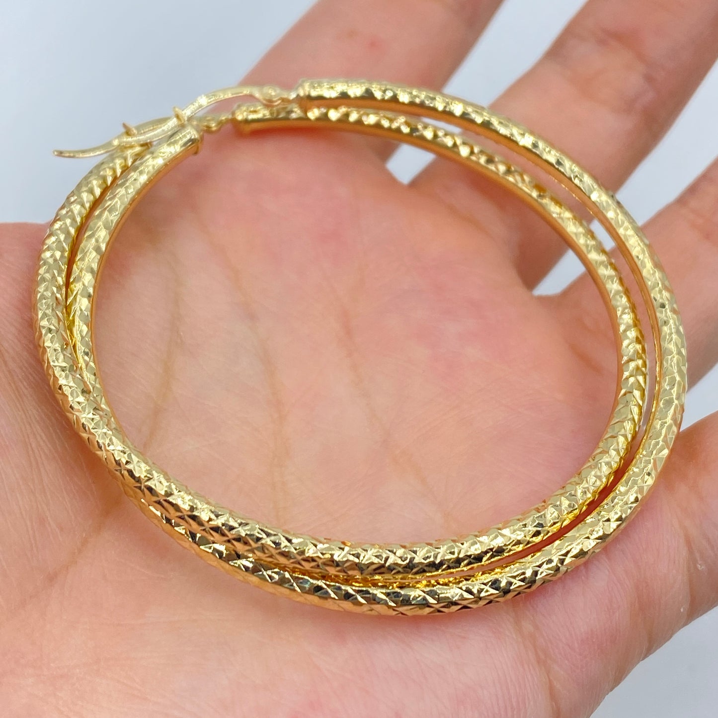 14K Alligator Diamond-Cut Textured Gold Hoop Earrings 3.5MM