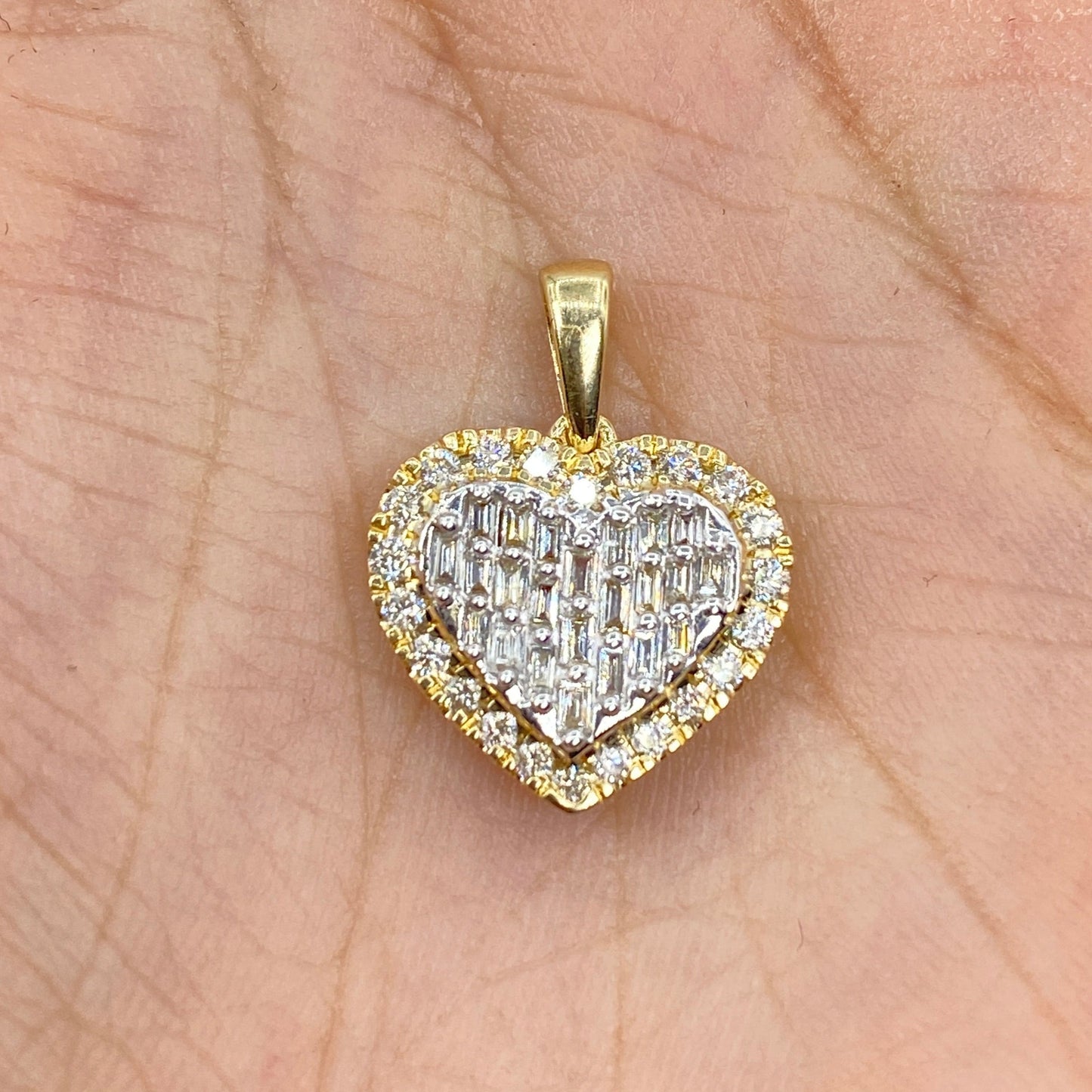 14K Baguette Heart with Pave Diamond Halo Pendant